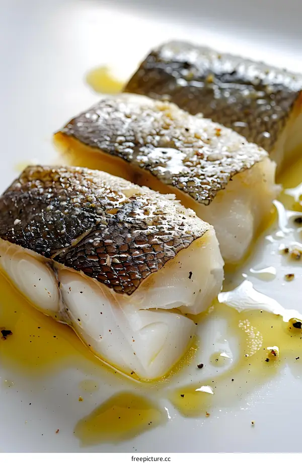 Cod fillets with oil and spices on a plate