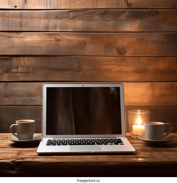 Laptop and coffee cups on a wooden table