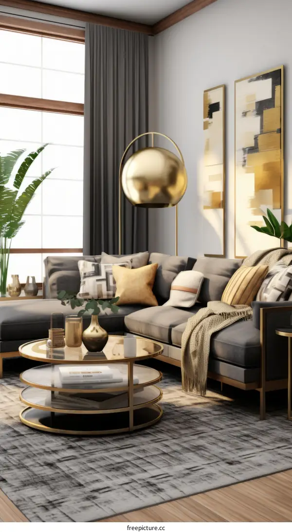 gray couch with throw pillows and coffee table with books on it