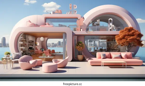 pink floating house with city view