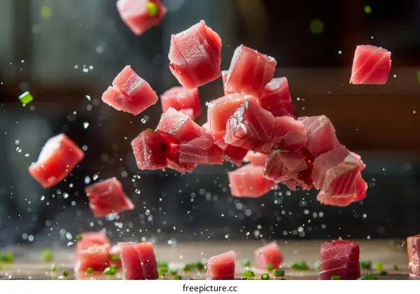 tuna sashimi pieces suspended in mid air
