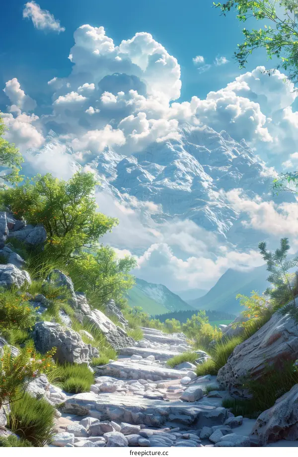 Mountain Path Under a Cloudy Sky Illustrative Landscape