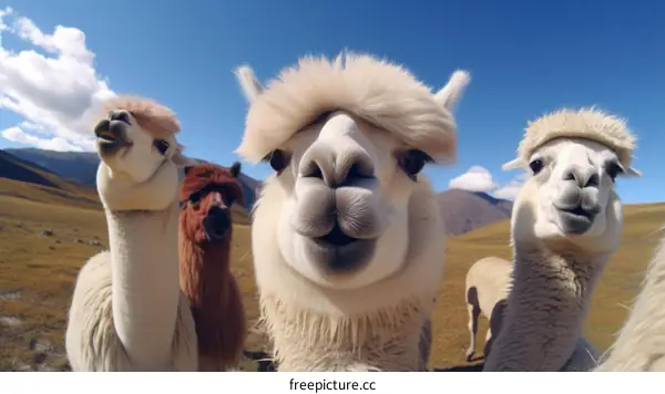 Four alpacas looking at the camera