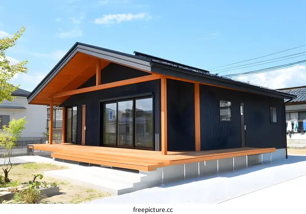 Modern Black Wooden House with Wooden Deck and A-Frame Roof