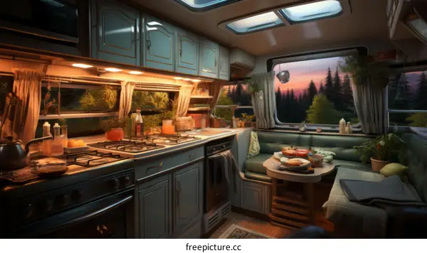 A cozy camper van kitchen with a view of the forest