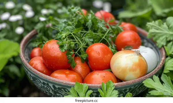 A bowl of fresh tomatoes and onions from the garden