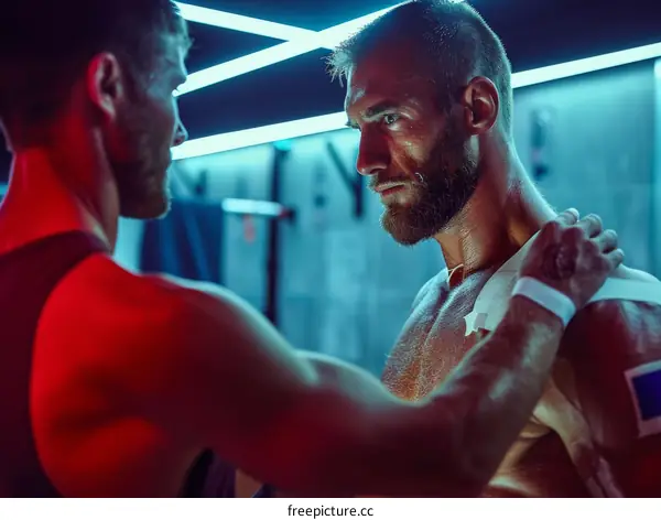 Two muscular men staring at each other in a dark room