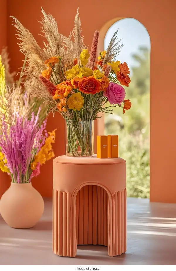 Orange Velvet Stool With Flowers In A Vase