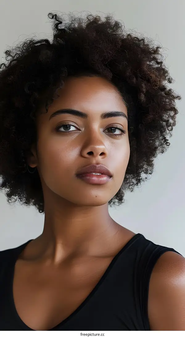 Closeup Portrait of a Black Woman with Curly Hair