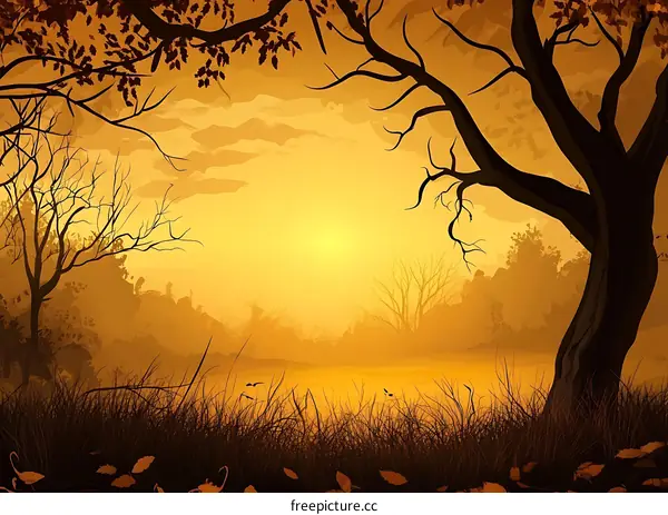Autumn Sunset Landscape With Trees And Grass
