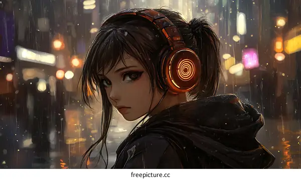 Rainy Night City Girl with Headphones
