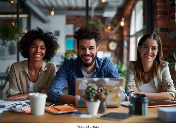 Portrait of three young professionals smiling at the camera