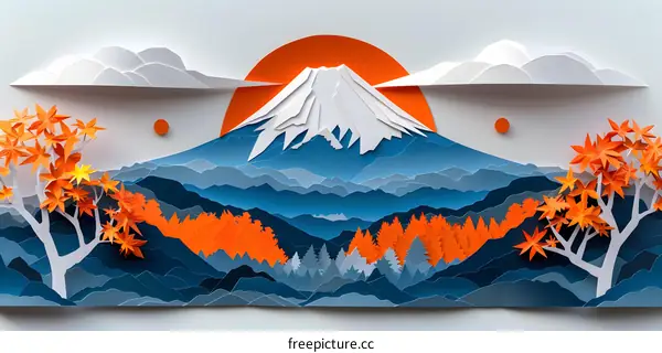 Mount Fuji in the style of paper cutting