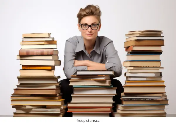 Young woman with glasses sitting between two stacks of books
