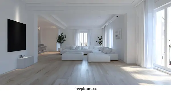 Minimalist White Living Room Interior Design with Sectional Sofa and Large Windows