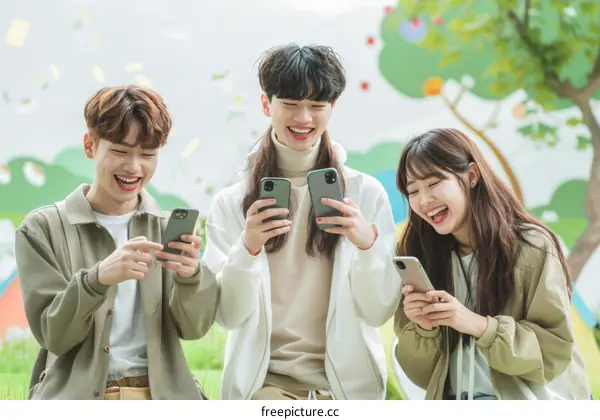 Three young people are sitting on the grass and looking at their phones.