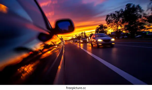 Sunset Highway Traffic View from Car