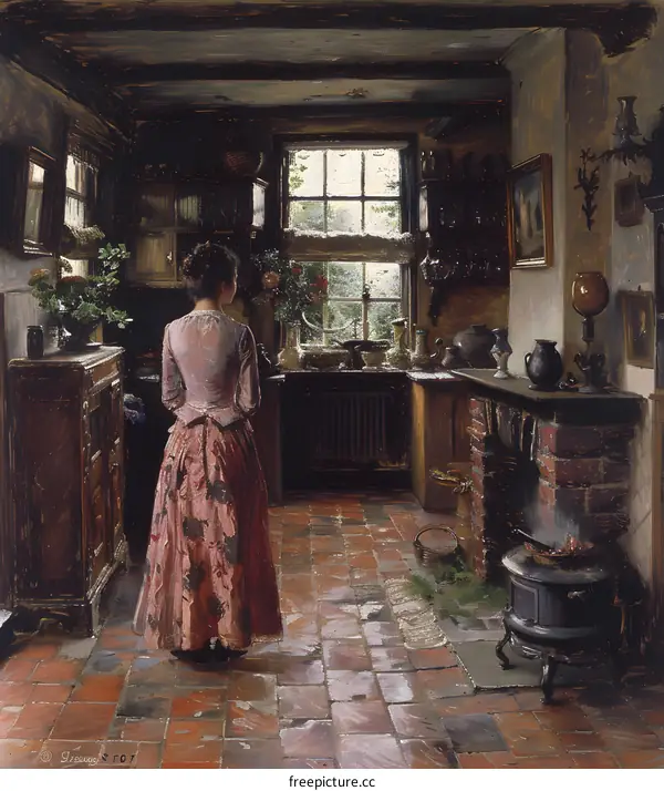 A woman standing in a kitchen looking out the window