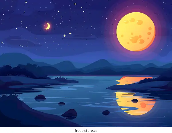 Night Sky with Full Moon and Crescent Moon over Water