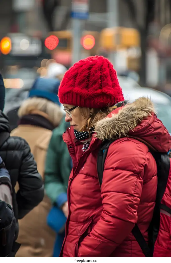 Woman in Red Coat and Hat Walking in City
