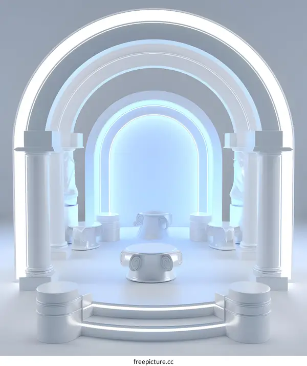 White Minimalist 3D Archway With Pedestals And Neon Lights