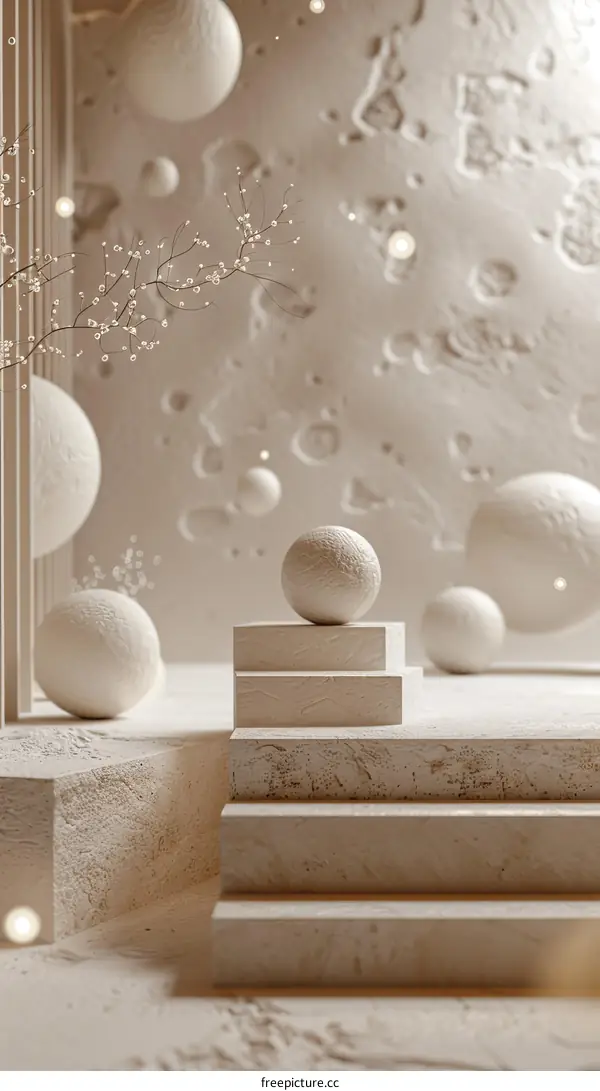 Beige Abstract Geometric Scene with Floating Balls