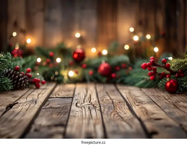 Rustic Christmas background with wooden table and blurred lights