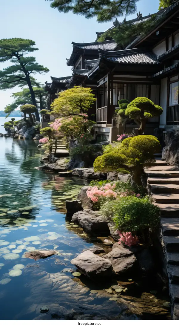 Japanese traditional house and garden with lake view