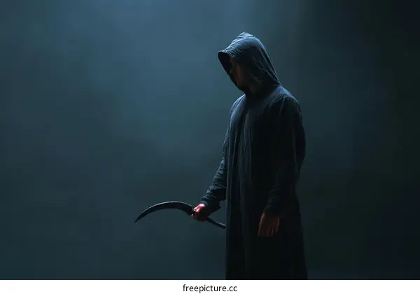 Mysterious Figure with Scythe in Dark Background