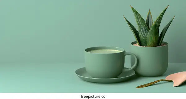 Green Tea Latte with Plant and Gold Spoon