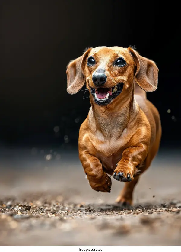 A happy brown miniature dachshund running in the park