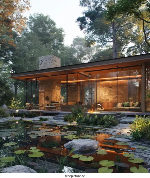 Glass House Surrounded by Autumn Woods