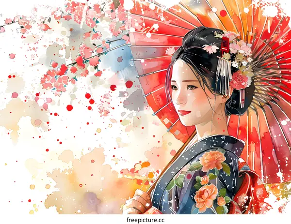 An Asian woman wearing a kimono and holding a red umbrella under cherry blossom trees.