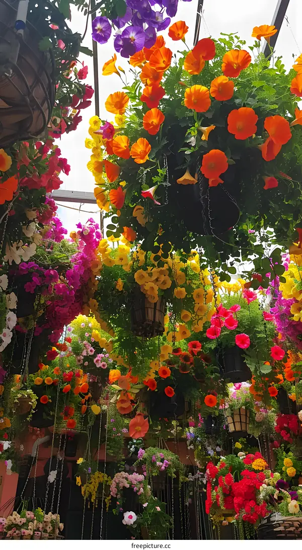 Colorful Hanging Flower Baskets in a Garden