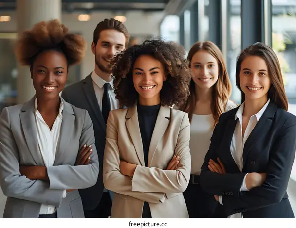 A group of five business professionals posing for a photo