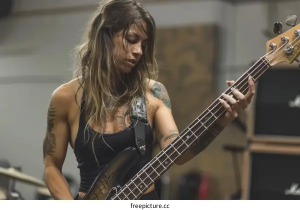 Portrait of a female musician playing bass guitar