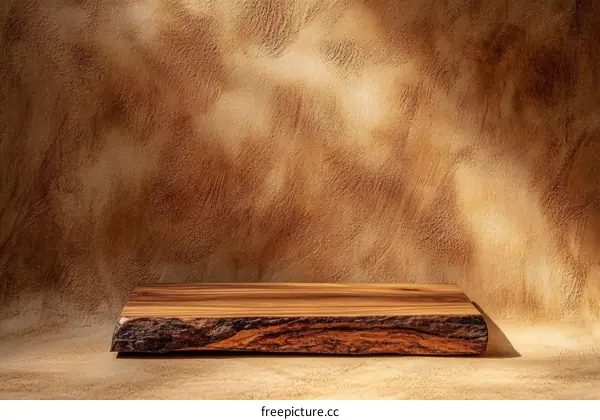 Rustic Wooden Display Platform Against a Textured Wall