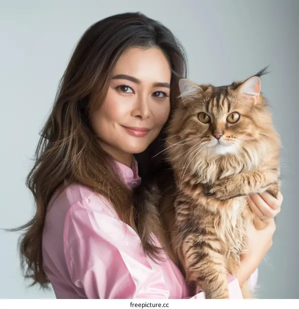 Portrait of a young Asian woman with long brown hair smiling and holding a brown cat