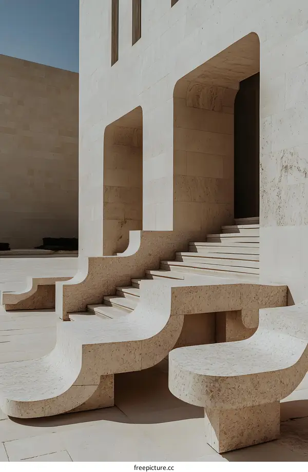Modern Building with Stone Steps and Curved Benches
