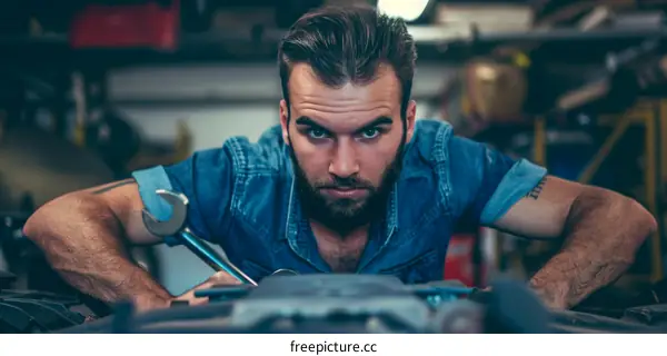 Bearded man repairing a car engine