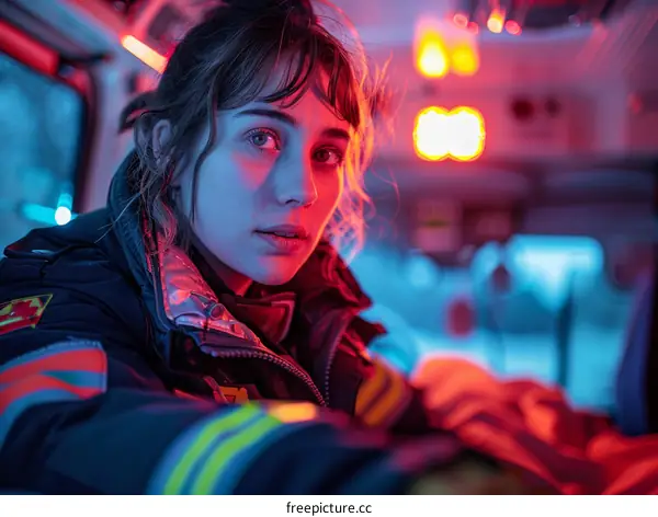 Portrait of a Female Firefighter in an Ambulance