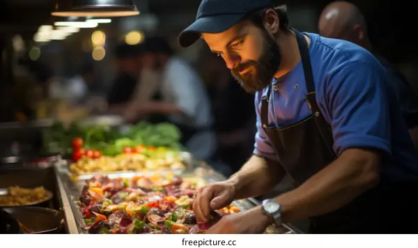 Focused male chef carefully preparing food in commercial kitchen