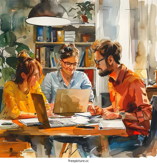 Three people in a room working together