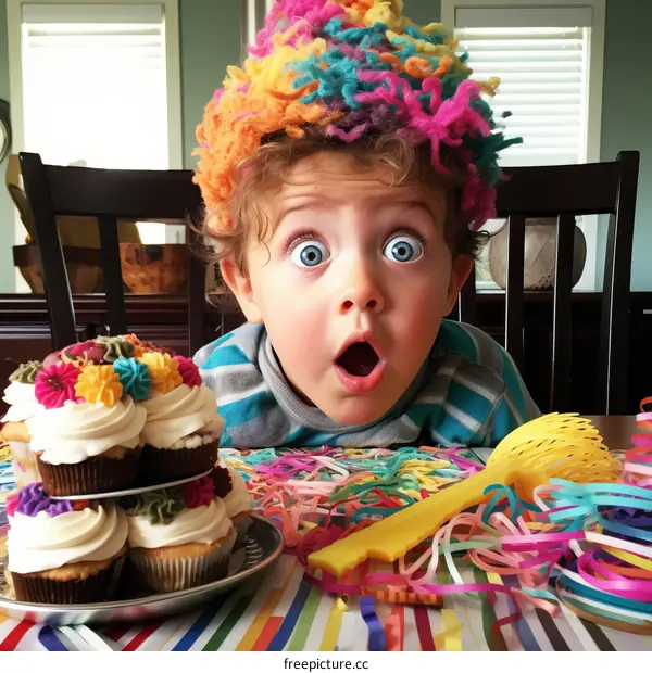 Surprised toddler with yarn hat at birthday party