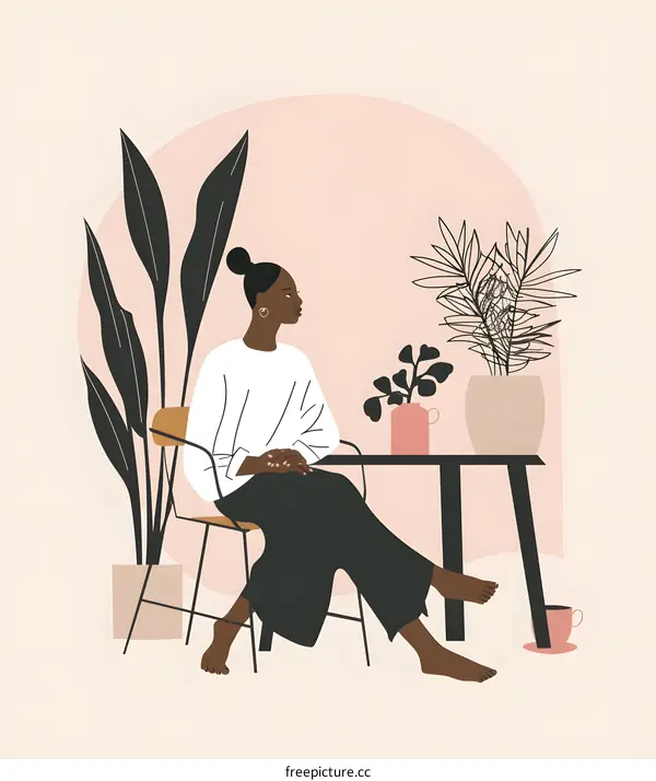 Woman Sitting in a Chair by a Table with Plants