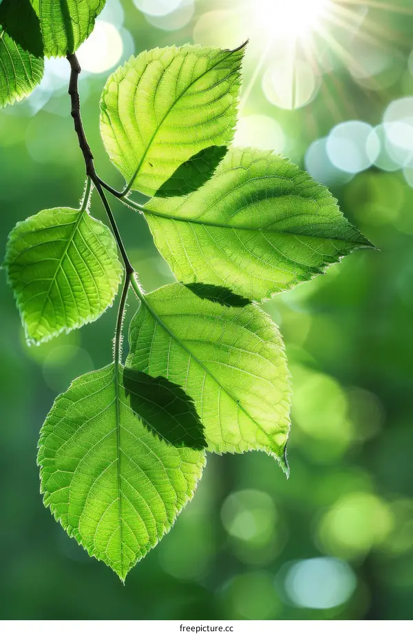 Green leaves of a tree with sunlight shining through them