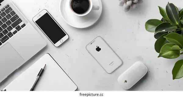 White Desk With Laptop, Phone, Coffee and Plant