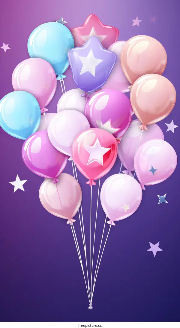 Colorful 3D balloons with stars on purple background