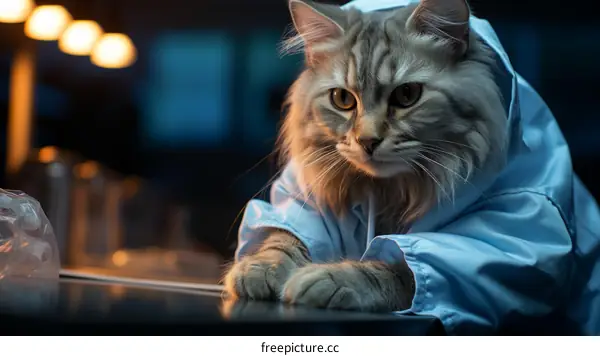 A cat wearing a lab coat and looking at the camera