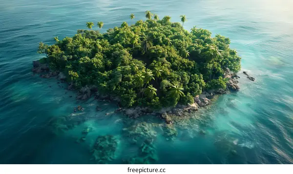 Small tropical island with palm trees in the middle of the ocean